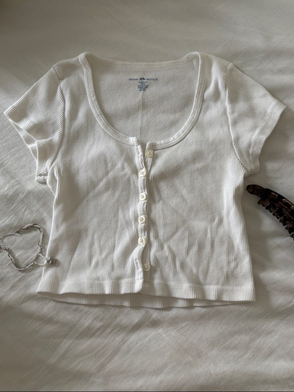 Brandy Melville White Ribbed Button-Down Crop Top
